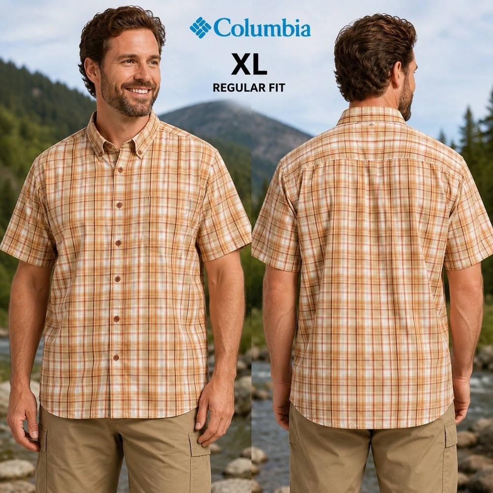Columbia Mens XL Short Sleeve Plaid Button Down Shirt Orange Tan Regular Fit‎
